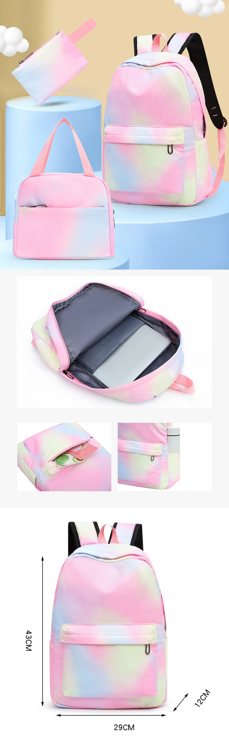 3pcs Set Girls OEM Waterproof School Backpack Lunch and Pencil Bag Included Oxford Style for Teenage Women Polyester Colorful