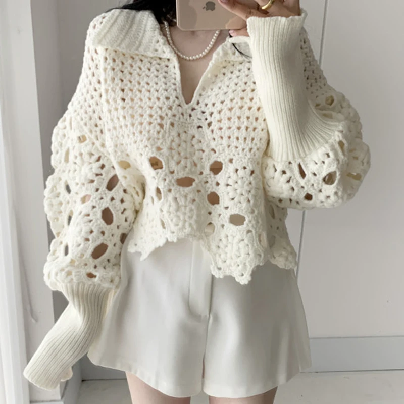 Korean Chic Autumn Winter Sweet Jumper Women Hollow Out Crochet Loose Pullover Ladies Casual Knitted Sweater