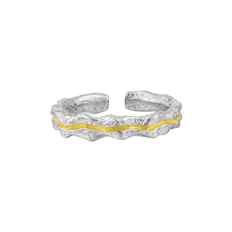 Personality Double Colors Mixed 925 Silver Open Ring Irregular Black Color Textured Open Rings