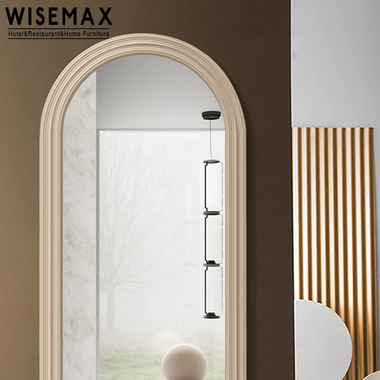 WISEMAX FURNITURE Modern home decor Cream wooden edge full length mirror Oval top right angle base floor mirror for living room