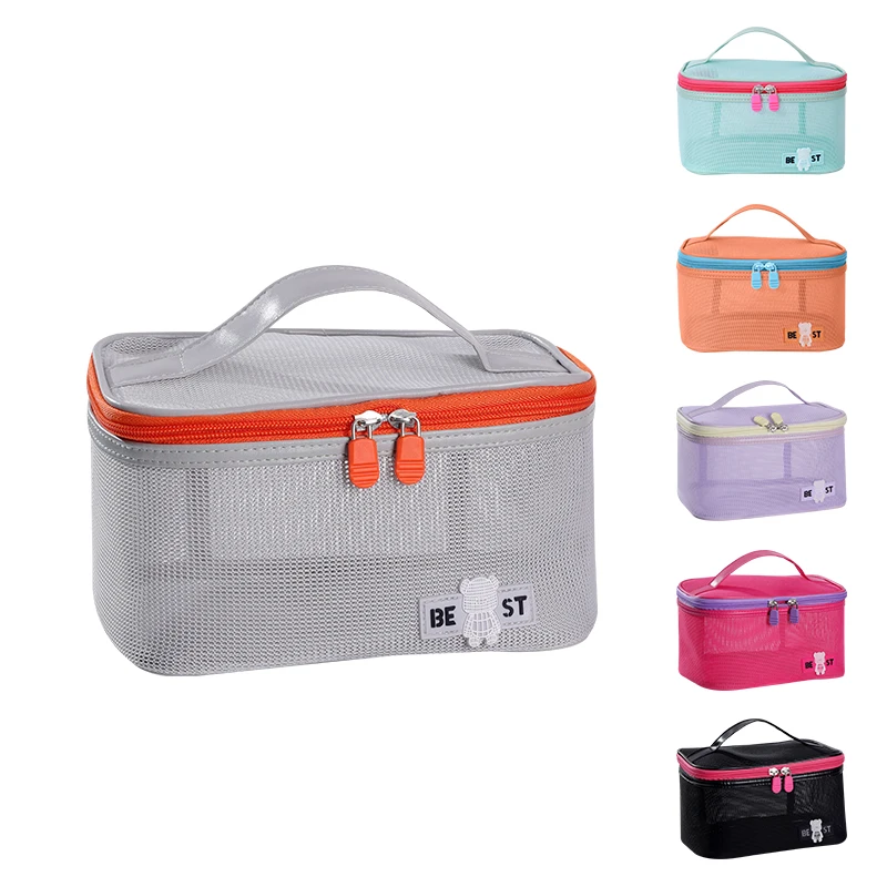 custom logo mesh cosmetic  organizer bag large capacity mesh makeup bag with zipper