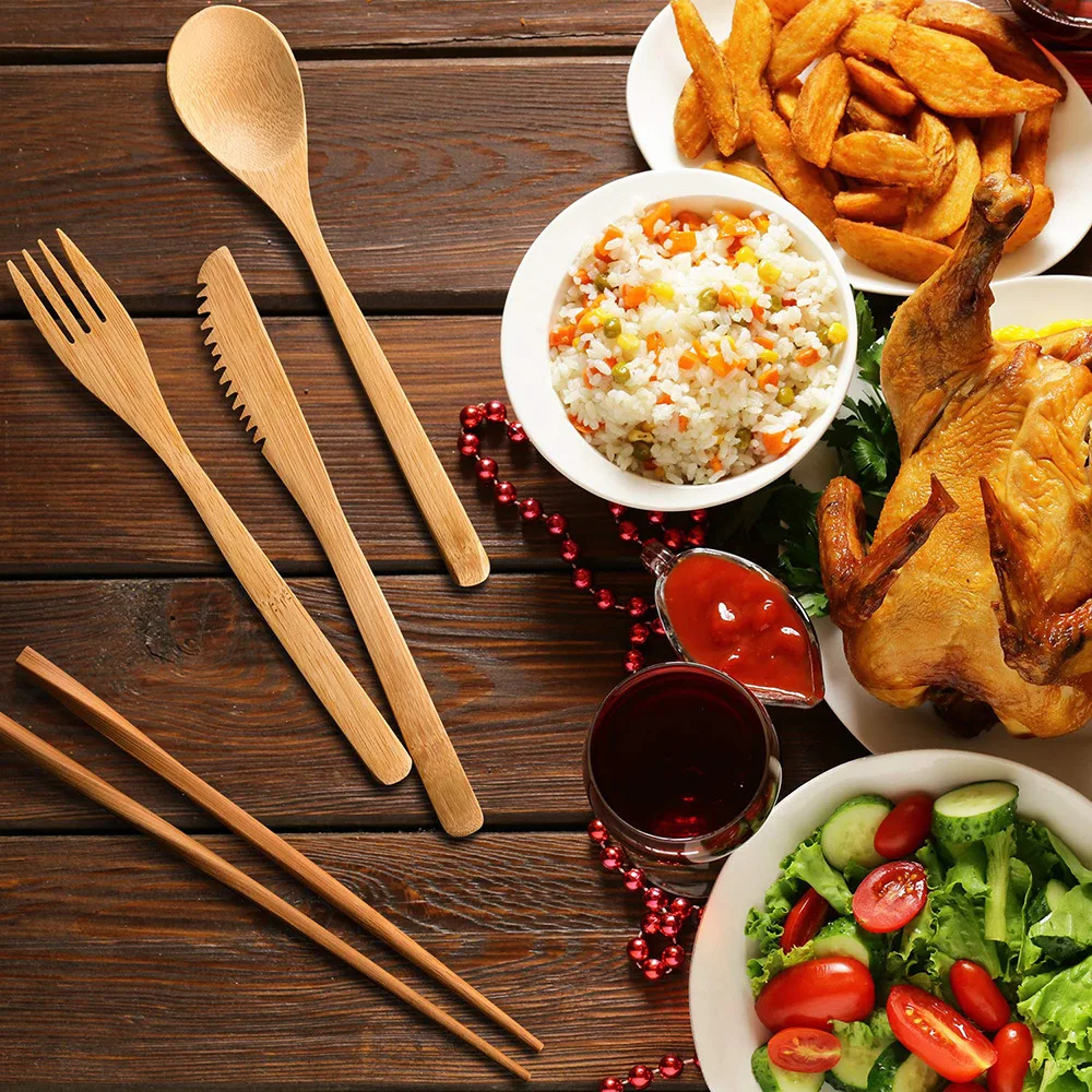 Wholesales Bamboo Spoon Wooden Fork Knife Kits Wooden chopsticks Bamboo Cutlery Straw Set