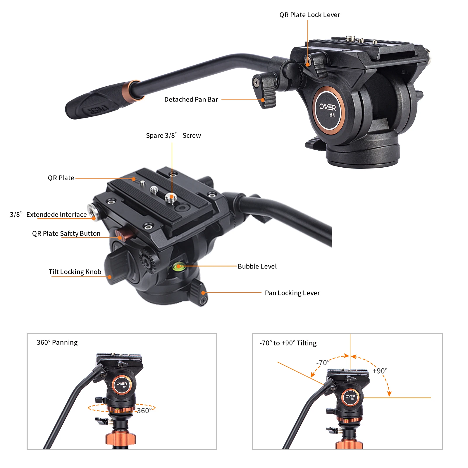 Cayer CF2451H4 Professional Carbon Fiber Camera Multiple Function Monopod Tripod for SLR DSLR Camcorder and Video Camera