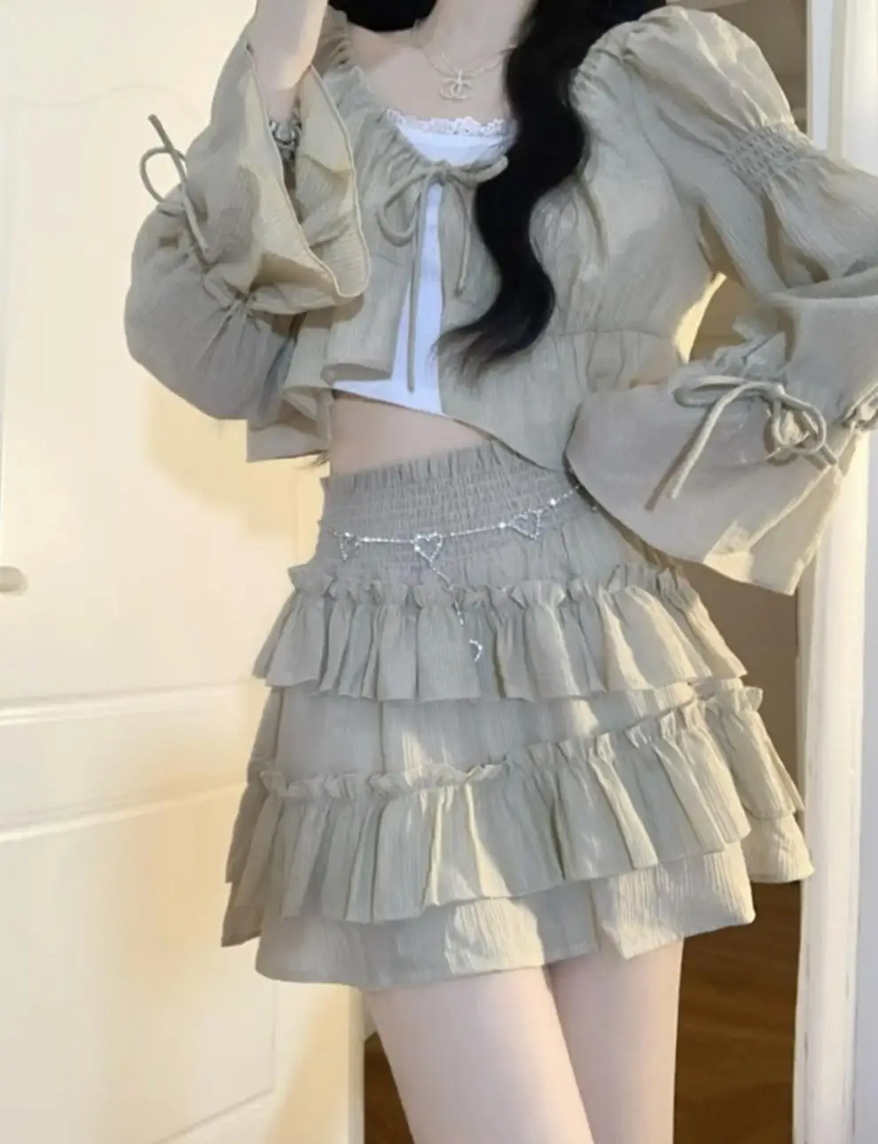 2024 Spring 3 Pieces Skirt Set Women Y2k Crop Tops T-shirt + Cake Skirts Japanese Kawaii Fashion Suits Chic Outwear Korean