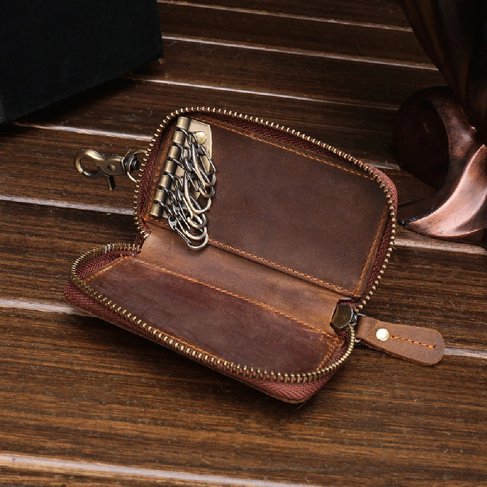 New Design Crazy Horse Leather Car Key Holder Case Key Wallet Coin Purse Keyring Zipper Pouch Waist Hanging Key Bag for Men