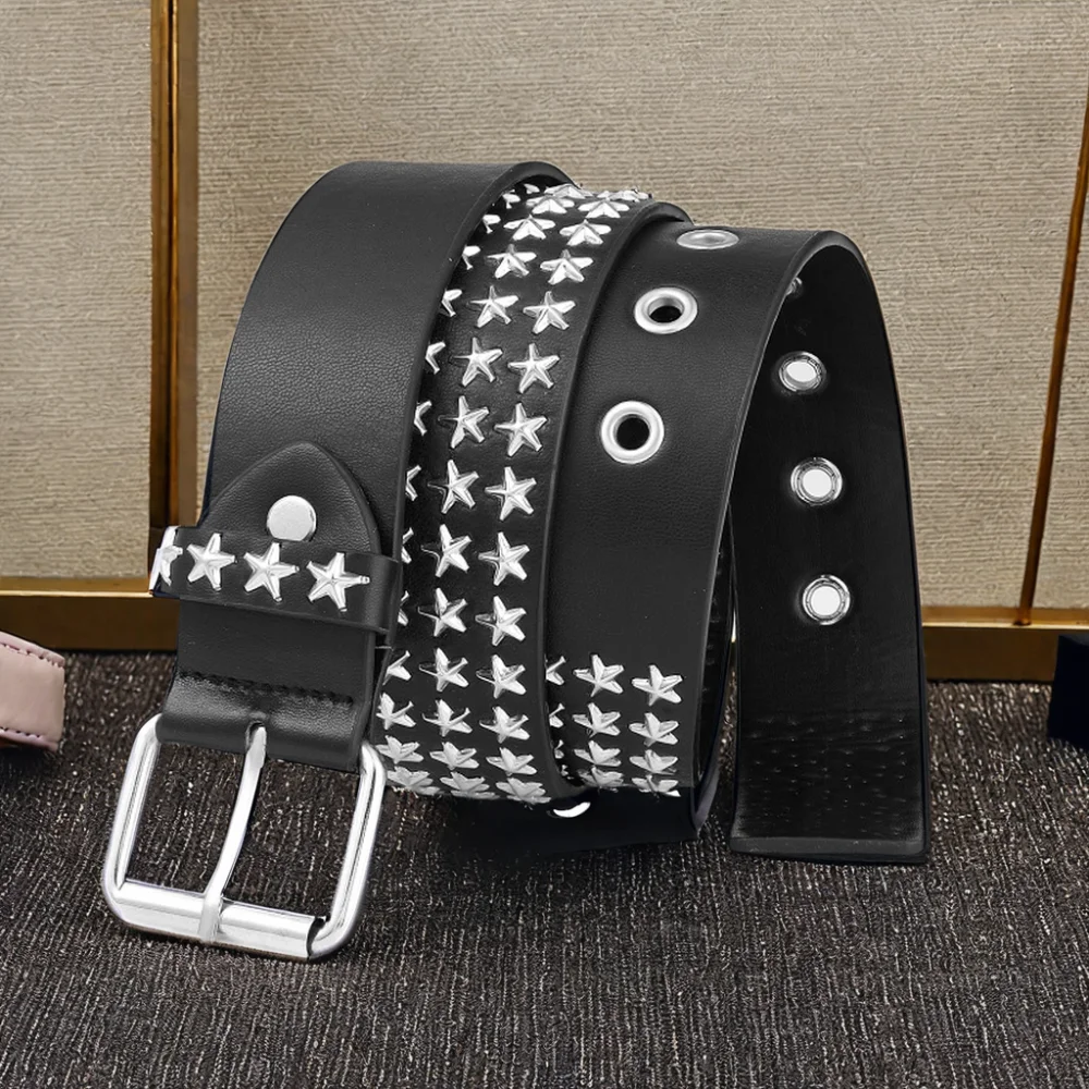 Three Rows of Pentastar Stars Hollowed out Unisex Punk Y2K Style Belt  with Casual Fashionable Pin Buckle Riveted PU Material