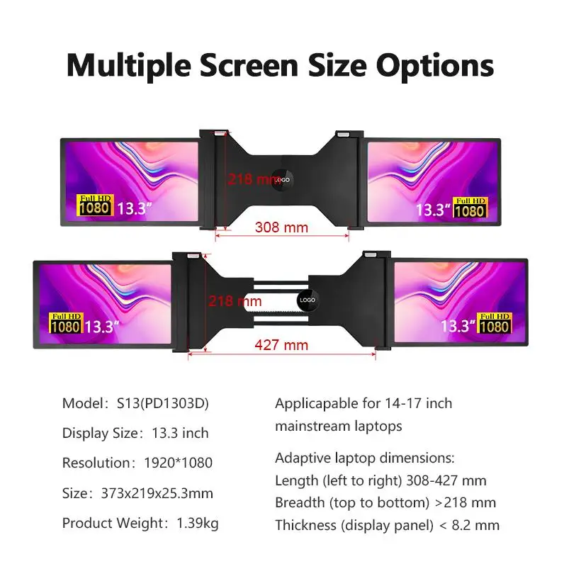 Full HD triple Monitor 13.3 inch Portable Monitor with  USB Type-C for Laptop