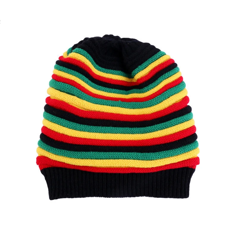Custom Hip Hop Reggae Rainbow Striped Unisex Crochet Knitted Slouchy Baggie Jamaican Rasta Beanie Hat