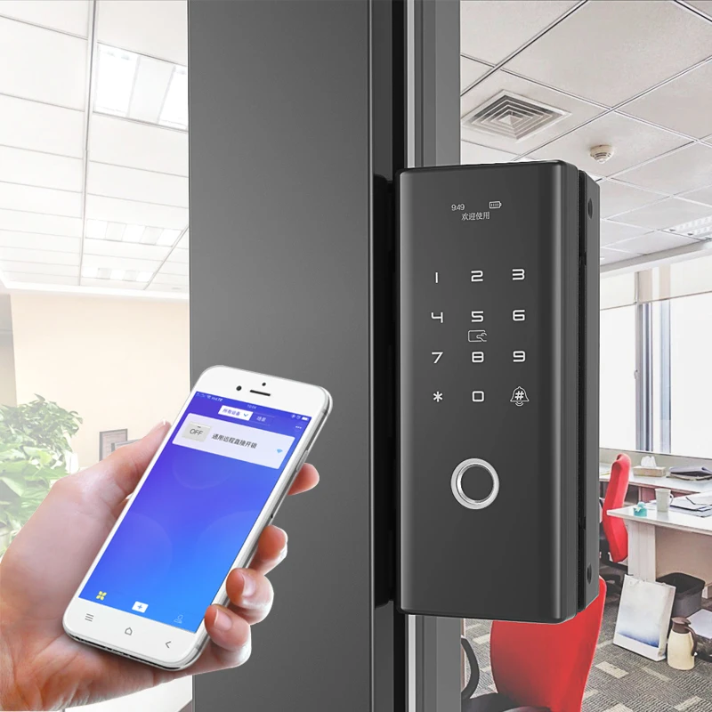 smart frameless password glass lock electric digital keyless wifi tuya fingerprint glass door lock for single glass doors