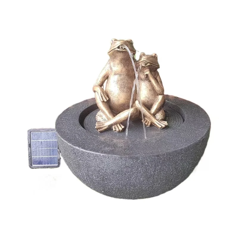 Two Frogs Statue Fiber Stone Solar Water Fountain with Led Light for Outdoor Garden Decoration