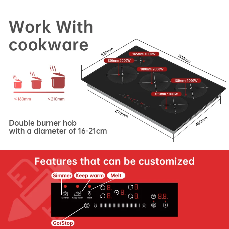 8000w 220v  energy saving induction cooker parts cooktop ceramic glass 5 burners ceramic cooktop