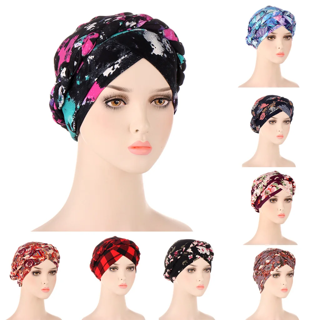 A new muslim braided hat with dyed frosted milk silk plait, short braid, hidden hair turban printed hijab