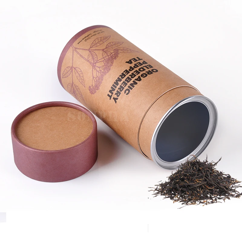 Biodegradable Cylinder Cardboard Box Metal Lid Natural Brownie Kraft Paper Tube for Coffee Beans Tea Leaves Tea Bags Packaging