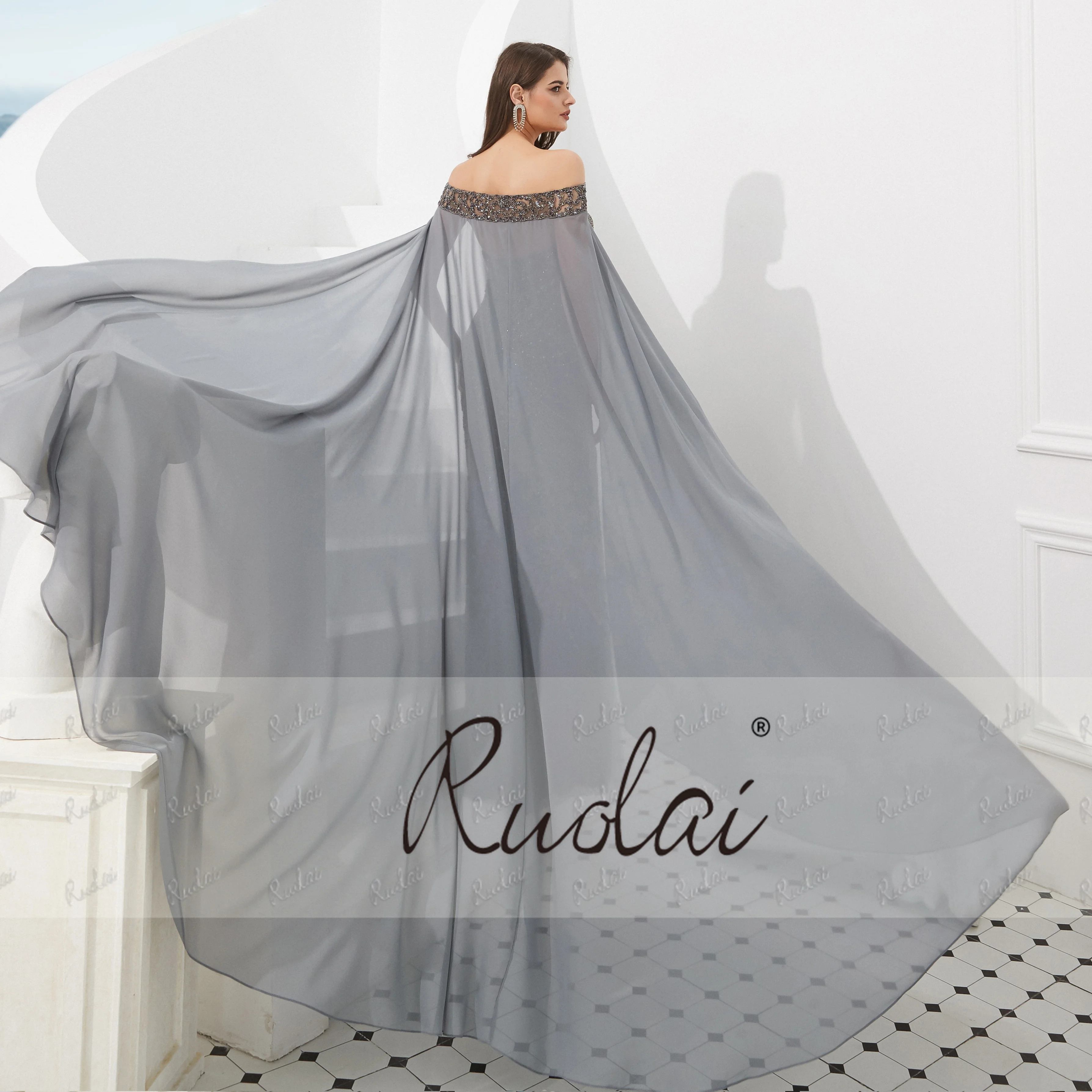 Ruolai LDC6710 New 2024  dark grey formal dress with Long Cloak Heavy Beading Luxury abendkleid Evening Dress