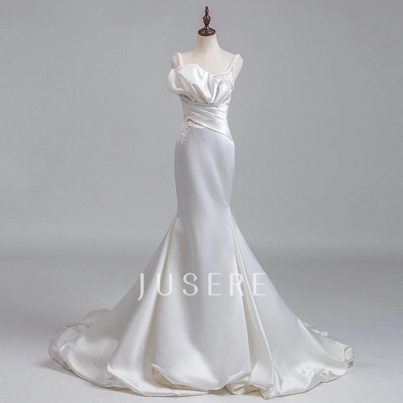 New design spaghetti strap pearls flowers beaded pleated bodice mermaid trumpet wedding dress satin bridal gown