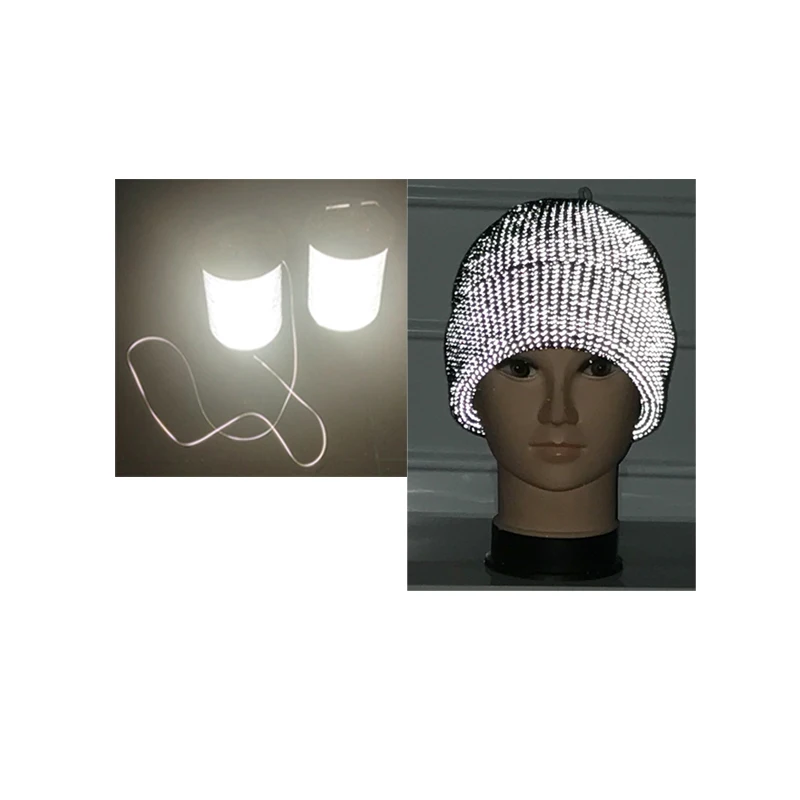 Dongguan OEM pattern  outdoor sports acrylic reflective knit plain fluorescent beanie light reflecting hat with reflective yarn