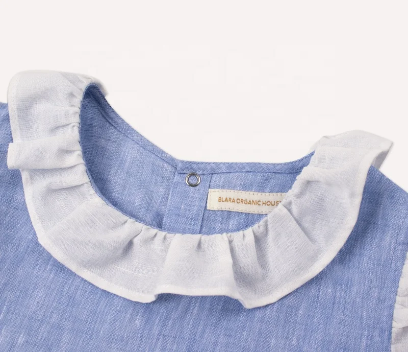 Blue linen girl shirts Hot Solid Ruffle Trim Sleeveless Blouse  Cheap Wholesale Children Shirt Spring and summer
