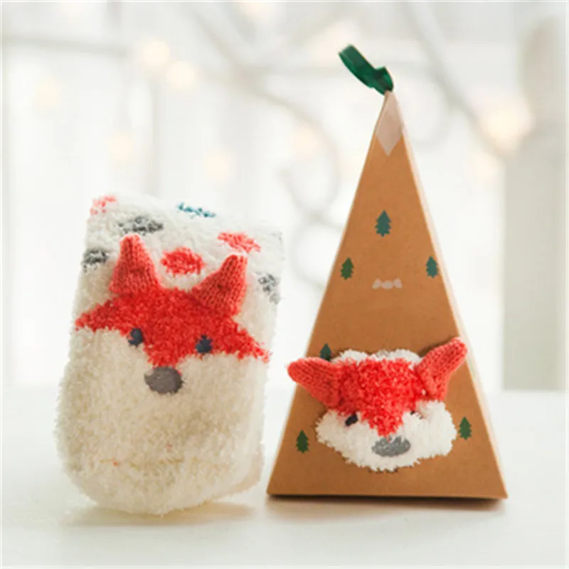 Cute Animal Design Deer Christmas Socks Women 3D Fluffy Coral Velvet Thick Warm Winter Socks with Box R0744
