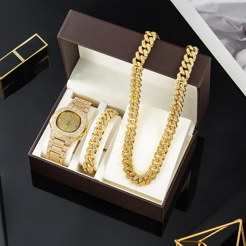 Luxury Bling Hip Hop Iced Out Diamond Watch Gift Set Cuba Chain Diamond Necklace Bracelet Men Watch Set