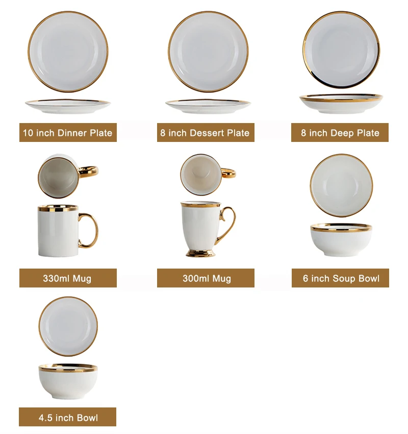 White Gold Rim Ceramic Dinnerware Sets Best Selling Nordic Elegant Porcelain Plates Dinner Sets