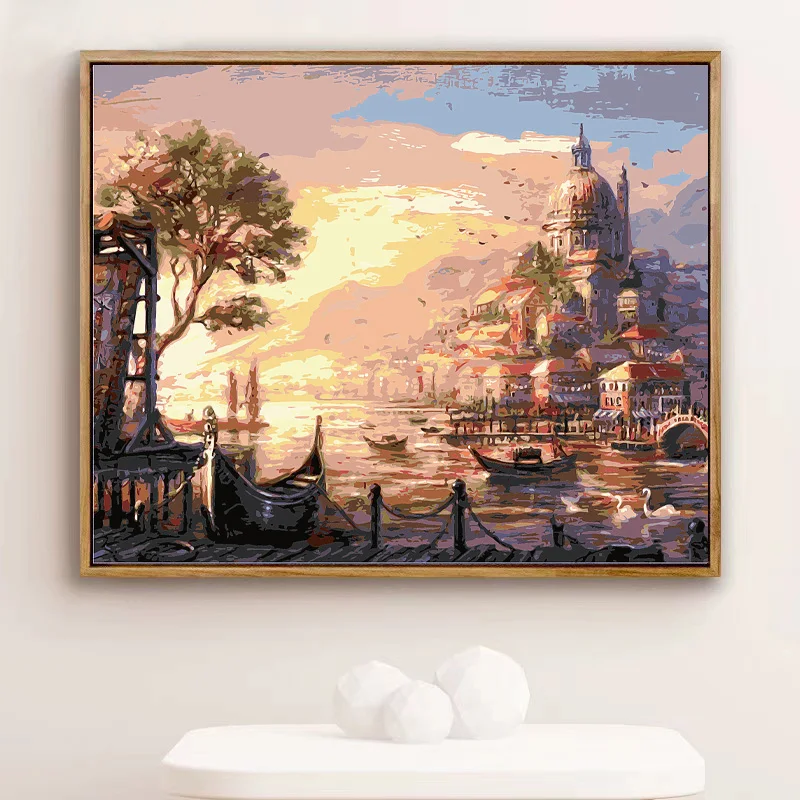 Modern Castle in the Sea Scenery Painting by Numbers Sunset Abstract DIY Decorative Acrylic Printed Art for Europe Comes Brushes