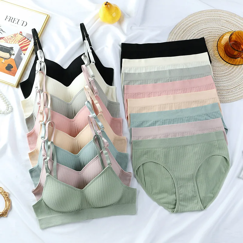 Женский бесшовный хлопковый бюстгальтер пуш-ап с фиксированной чашкой без стальных колец студенческое нижнее белье для девушек набор бесшовных