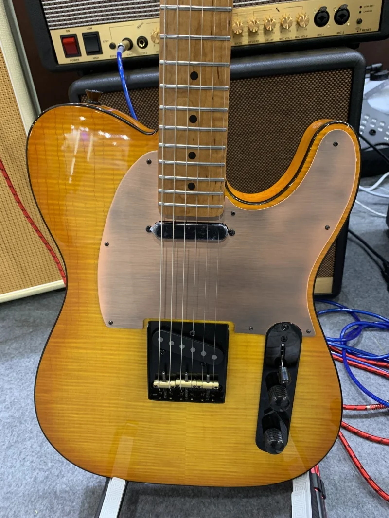 China factory wholesale Flamed Maple TL Style Electric Guitar Yellow Burst With Toasted Maple Neck High Grade Guitar