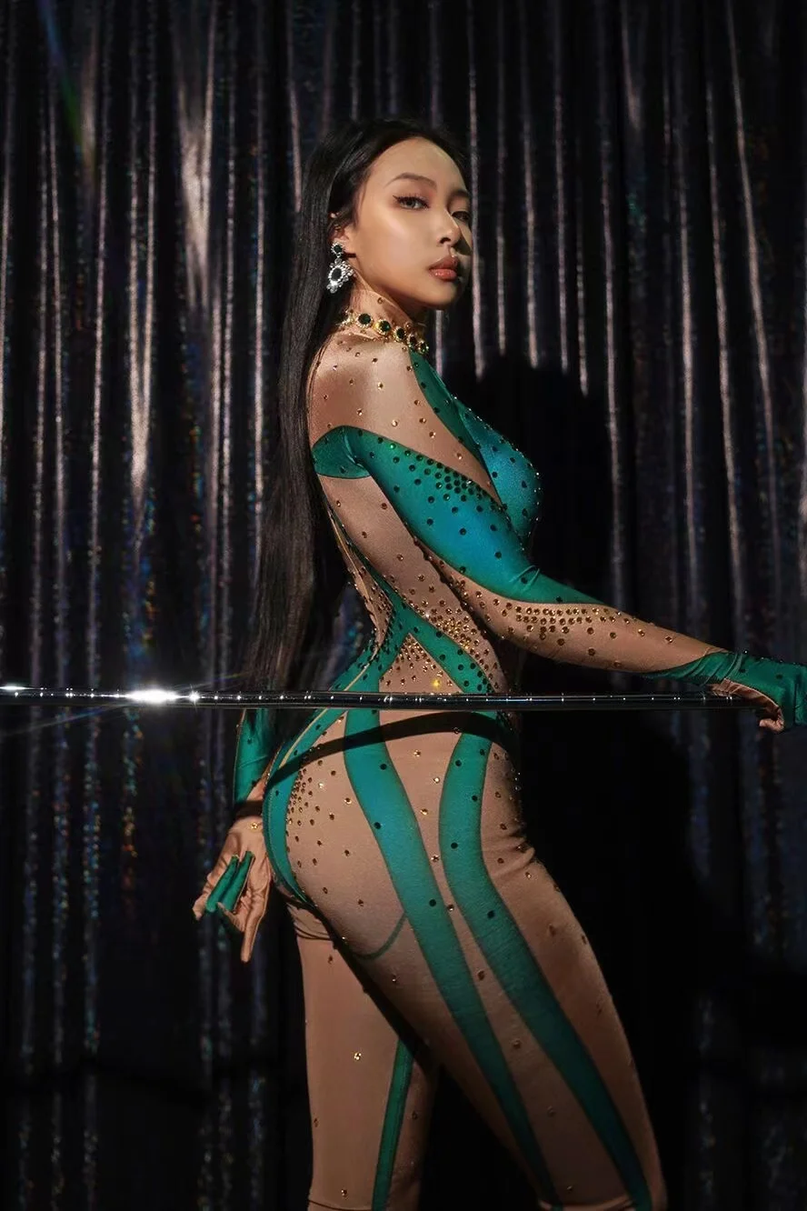 Shiny Diamonds Green Spandex Stretchy Club Rompers Sexy Women Wear Best Selling Products