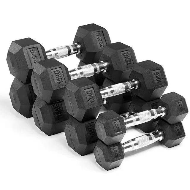 Factory direct selling rubber gym dumbbell set with rack 10kg 20kg 30kg rubber hex dumbbells