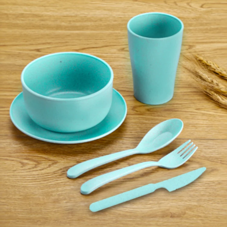  BPA Free Eco Friendly 6PCS Wheat Straw Fiber Reusable Healthy Luxury Kitchen Plates Dinnerware Cutlery