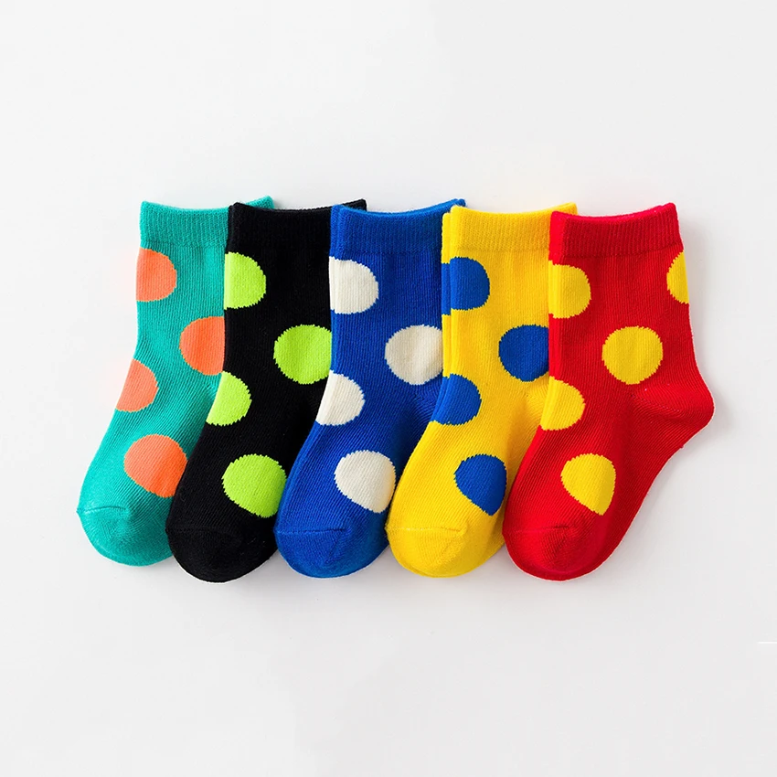 5 Pairs Assort Knitted Colorful Dots Happy Kids Baby Crew Socks Set Casual Cotton Vivid Children Socks