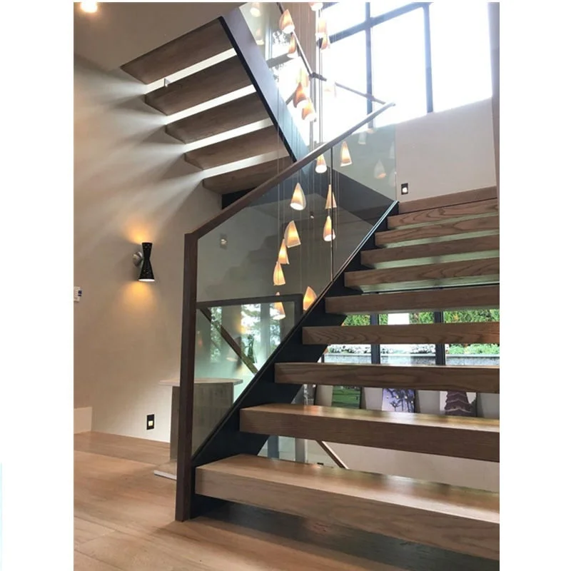 DAIYA Modern Staircase with Glass Staircase Wooden Tread Design Glass Railing Stairs Led Light Indoors Easy Install Lifetime