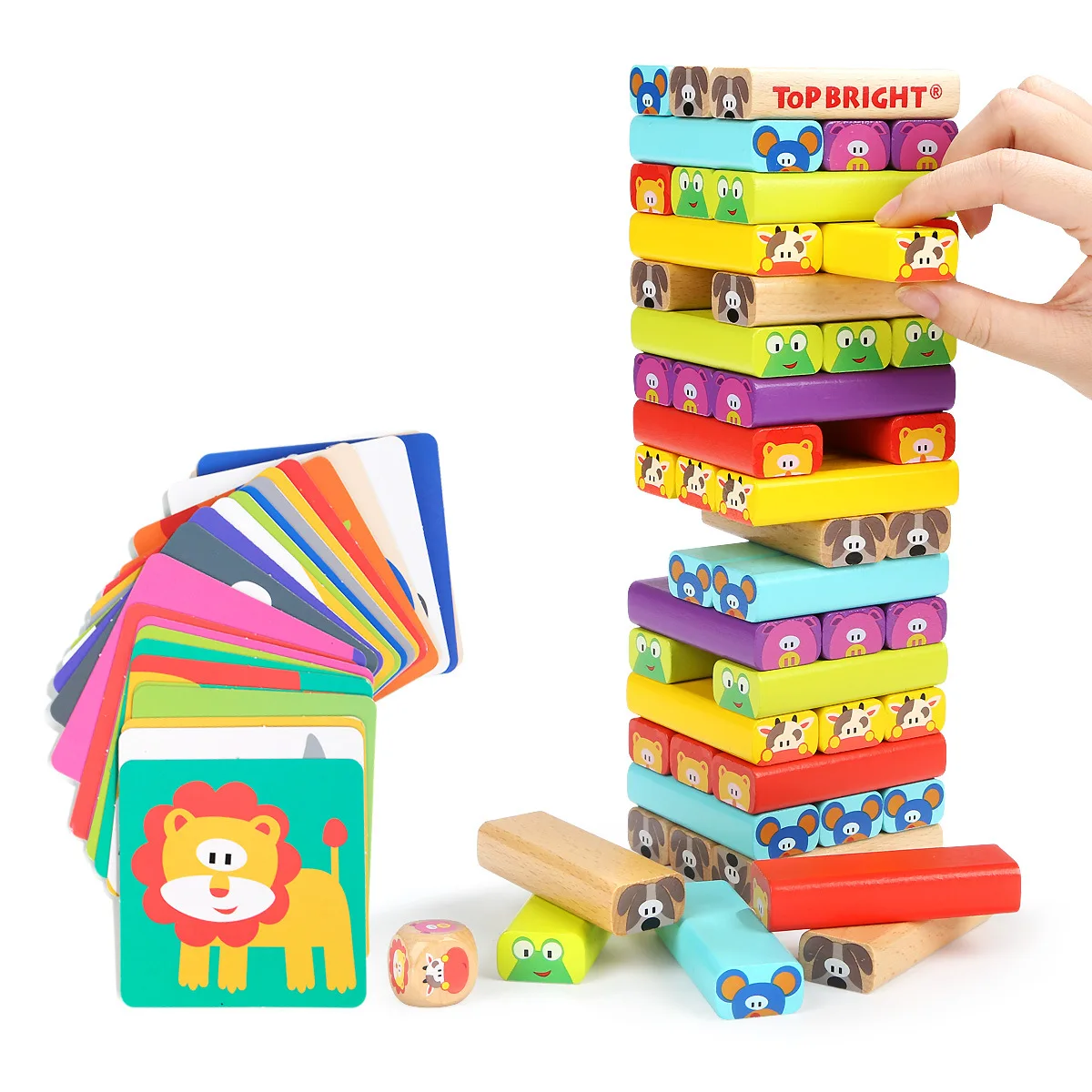 Colored Wooden Blocks Stacking Board Games 4-in-1 Wobble Tower toys 51 Pieces Animals Pattern Wooden Tower toy for kids
