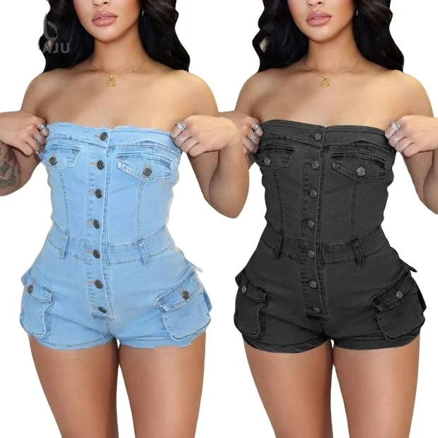 Women Summer Jeans Jumpsuit Off Shoulder  Casual Elastic Denim Rompers Shorts Women
