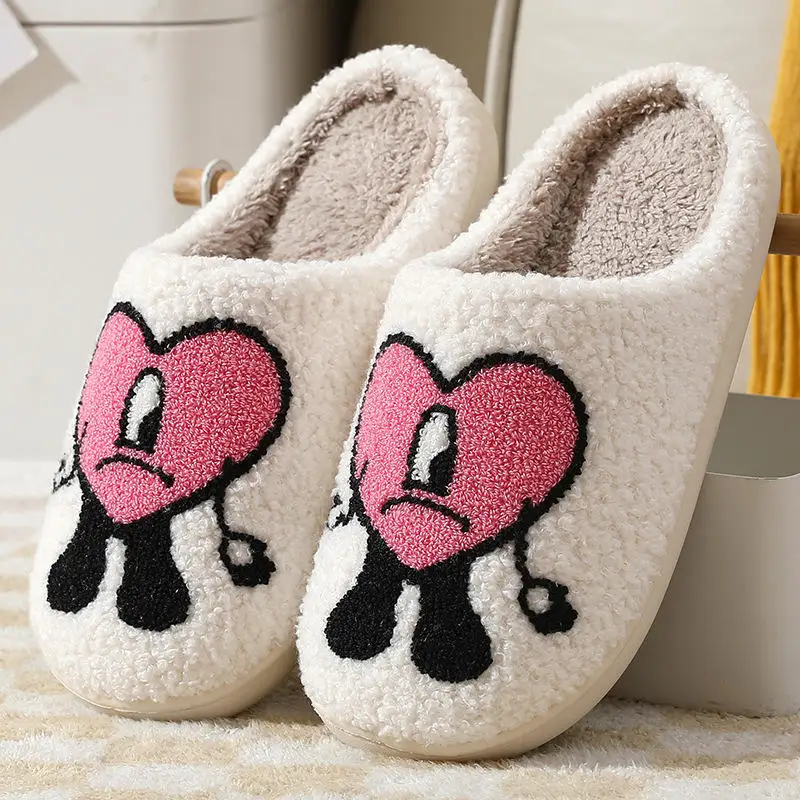 Wholesale Stock Custom Logo Red Heart Bad Cute Bunny Slippers Slides Ladies Warm Winter Home Slippers