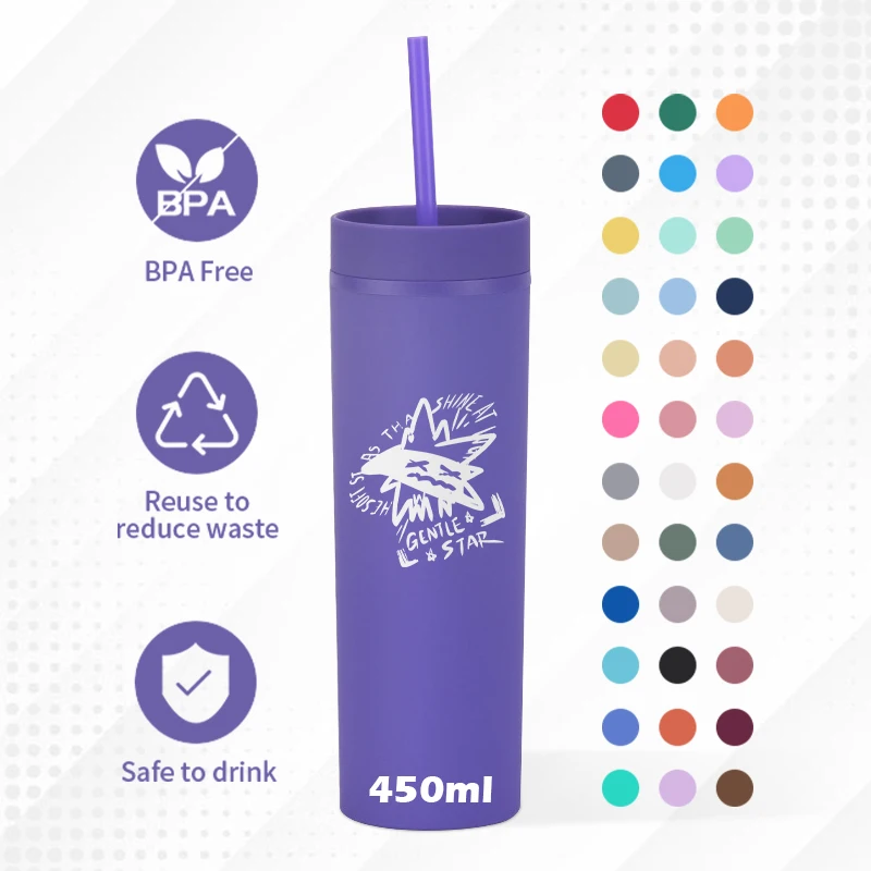 Promotion Gift 16 oz Doouble wall Plastic Cup Reusable Simple matte rubber paint 16oz skinny acrylic tumbler with lid and straw