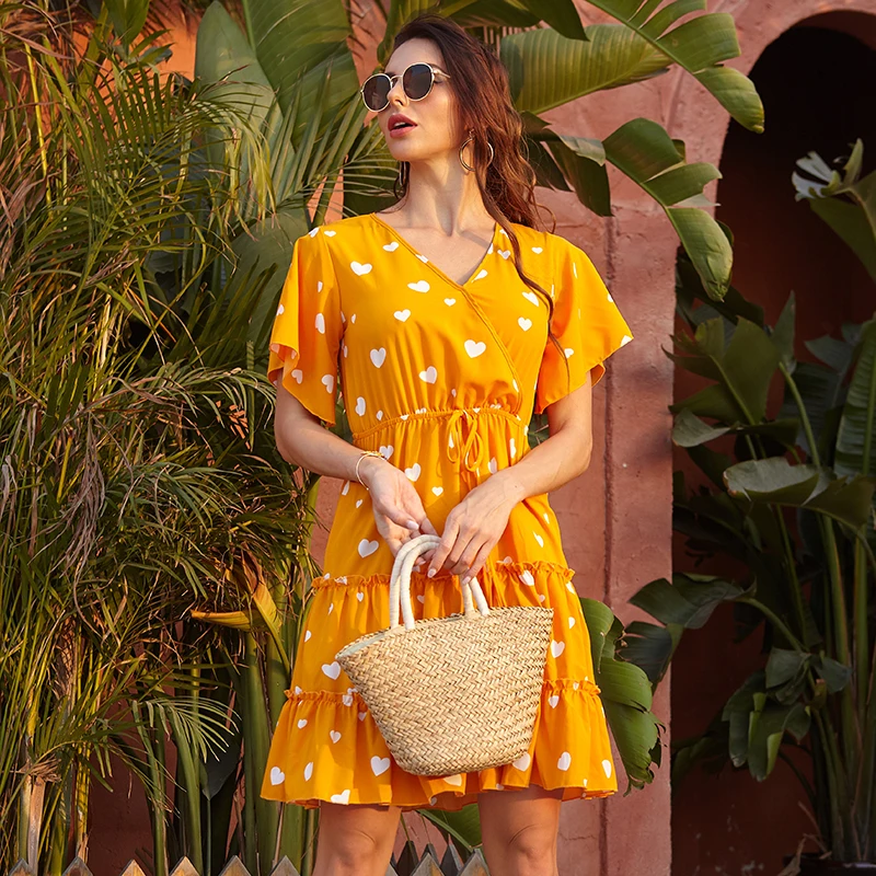 European style V-neck printed short sleeves one piece long yellow dresses for party