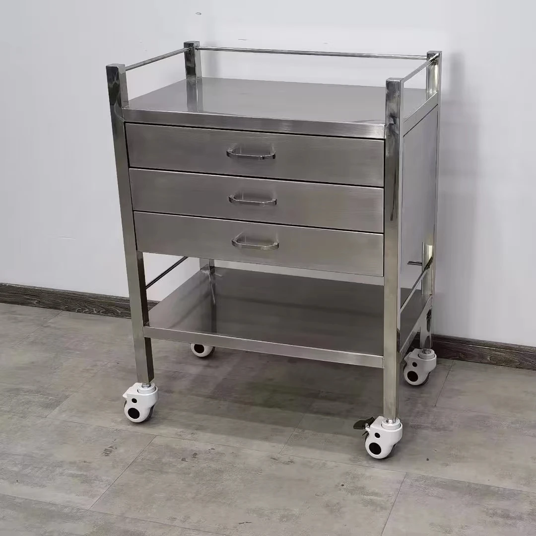 Manufacturer Custom Cheap New Stainless Steel Medical Trolley Hospital Nursing Treatment Cart With Two Drawers Home Storage Cart