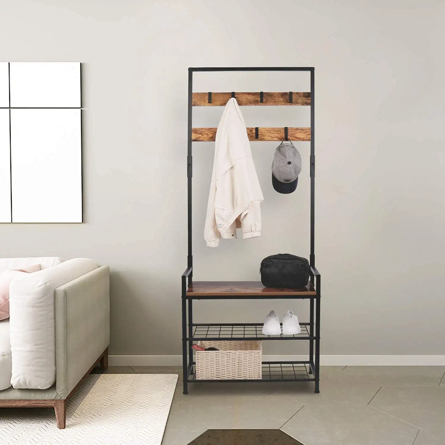 Multifunctional Home Metal Entry Hallway Hooks Hanger 3-In-1 Adjustable Free Standing 3-In-1 Entryway Coat Rack Shoe Rack