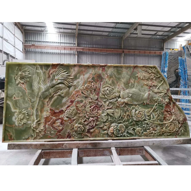 Natural Polished Chinese Soft Green Onyx Stone Flower And Bird Carving To Europe