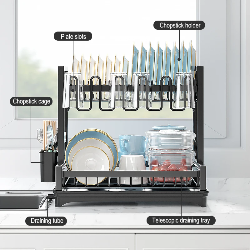 2 Layer Detachable Multifunctional Black Kitchen Shelf Plate Dish Drying Drainer Rack Utensil Storage Holder for Home
