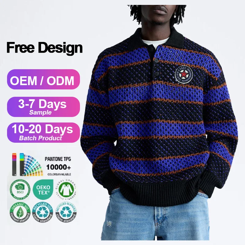 Custom long sleeve jacquard knitted stripe polo shirt knit mens sweater polo neck bear warm knitwear sweater polo neck