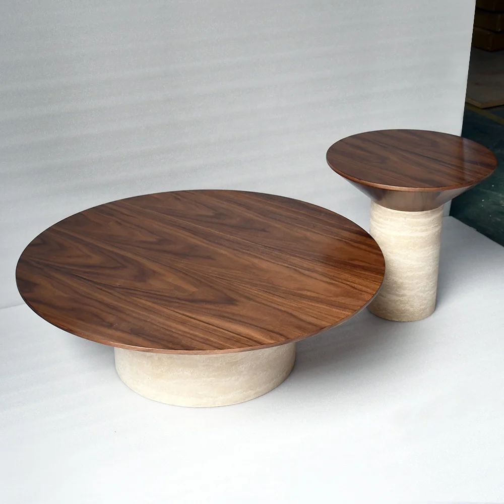 OEM New arrival wholesale contemporary round living room furniture limestone solid wood table top marble travertine coffee table