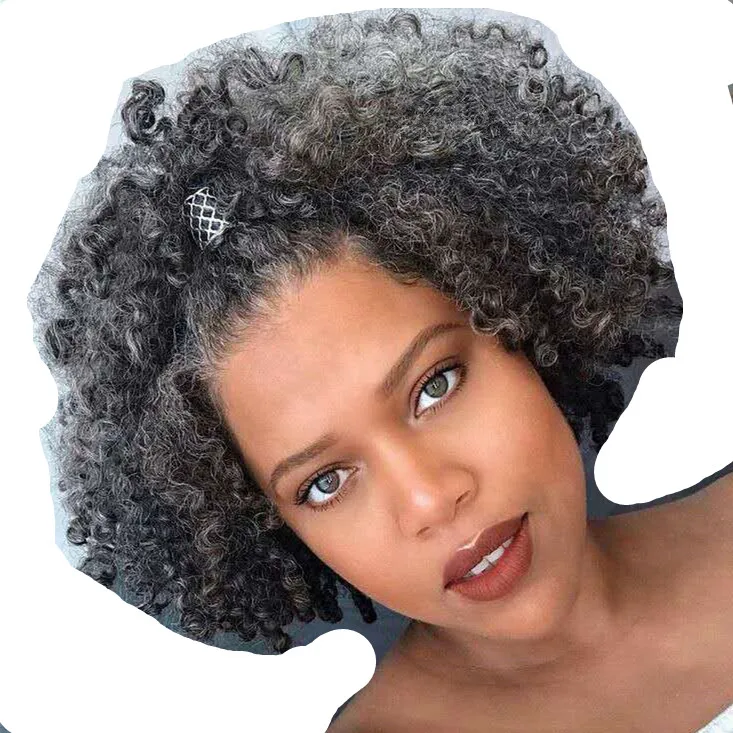 Silver grey women hair extension gray two tone Gradient puff kinky curly drawstring human hair ponytails clip in real hair
