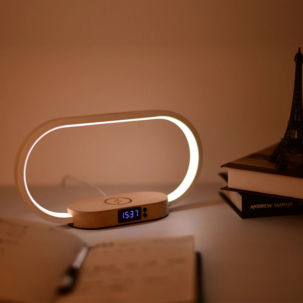 NEW 2023 New Product Wooden Lamp With Wireless Charging Time Display Bedside Night Light