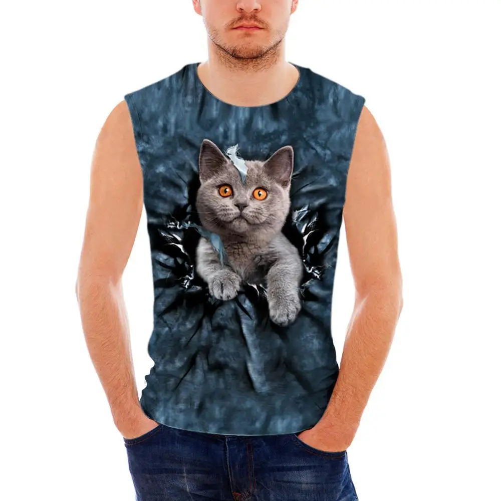 Мужские 3D Джинсы Cat Майки Мужчины Тройки Без Рукавов O Шеи Майка Лето Жилет Мужчины Повседневная Майка Мужчины Майки