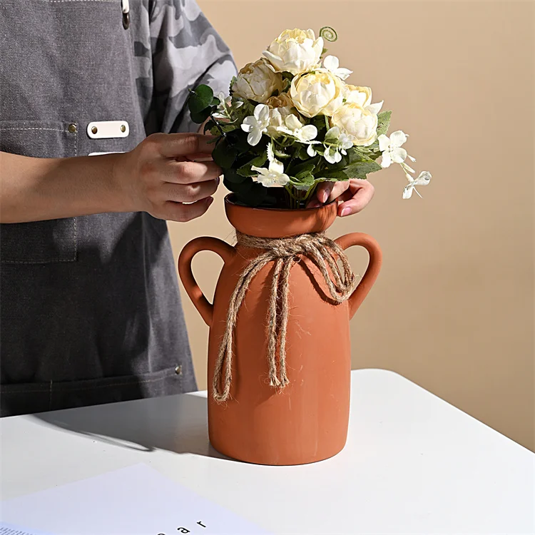 Red Earthware Ceramic Vase Double Handle Modern Rustic Chinese Terracotta Flower Bottle Rope Party Christmas Decoration Pot