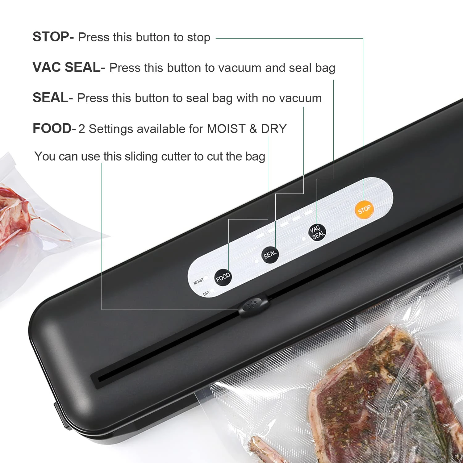 Hot-Selling 86Kpa Automatic Vacuum Sealing System Led Indicator Lights Vacuum Food Sealers With Built-In Cutter