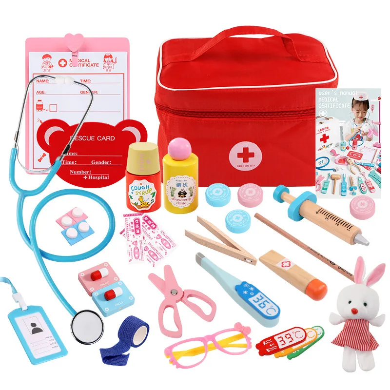 Kids Wooden Educational Pretend Toy Doctor Kit Dentist Kit Role Play Medical Toy Set for Toddler Boys and Girls