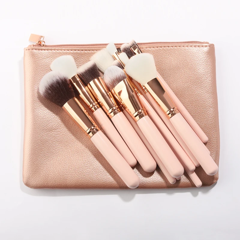 LOW MOQ Customized 15pcs Rose Gold Pink Private Label Vegan Make Up Tools Powder Foundation Eyes Brush Makeup Brush Set with bag